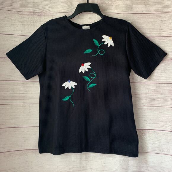 Links Vintage Black Ribbed Embroidered Daisy Flower Shirt Short Sleeve Size S - Picture 1 of 16